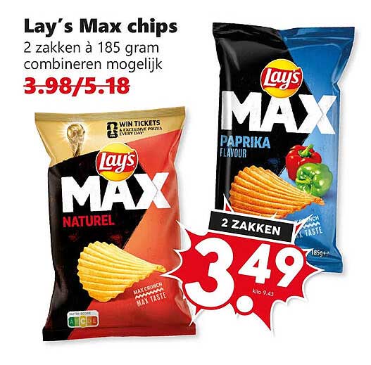 Lay’s Max chips 2 zakken à 185 gram combineren mogelijk