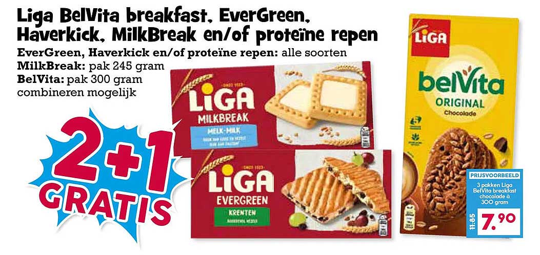 Liga BelVita breakfast, EverGreen, Haverkick, MilkBreak en/of proteïne repen 2+1 gratis