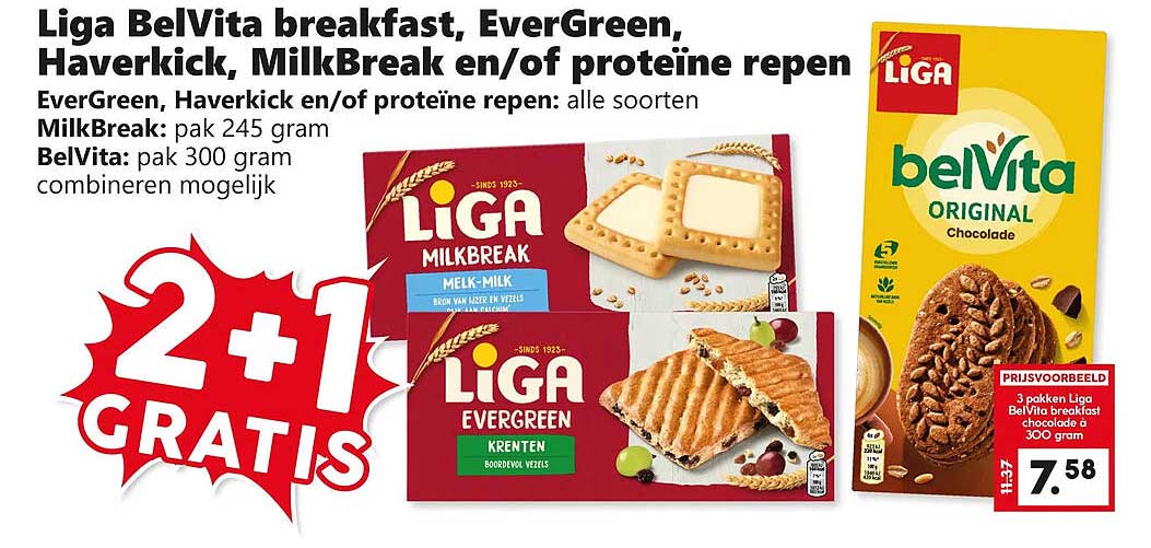 Liga BelVita breakfast, EverGreen, Haverkick, MilkBreak en/of proteïne repen 2+1 gratis