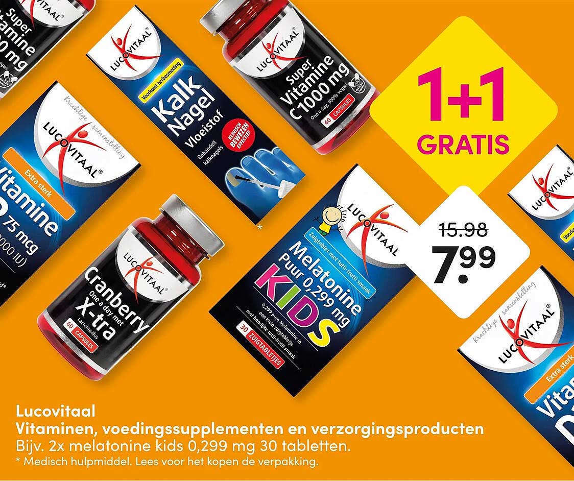 Lucovitaal Vitaminen, voedingssupplementen en verzorgingsproducten Bijv. 2x melatonine kids 0,299 mg 30 tabletten. 1+1 GRATIS
