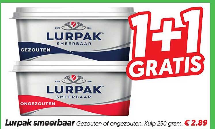 Lurpak smeerbaar Gezouten of ongezouten. Kuip 250 gram. 1+1 GRATIS