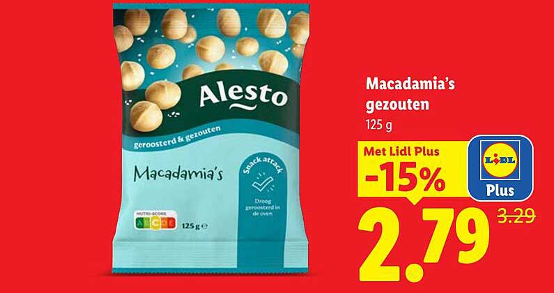 Macadamia’s gezouten 125 g Met Lidl Plus -15%