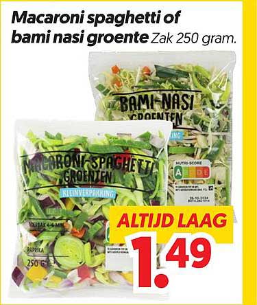 Macaroni spaghetti of bami nasi groente Zak 250 gram. ALTIJD LAAG