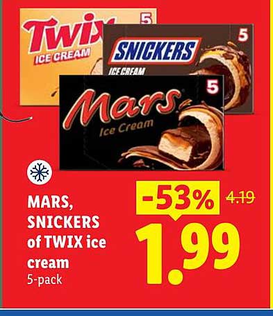 MARS, SNICKERS of TWIX ice cream 5-pack