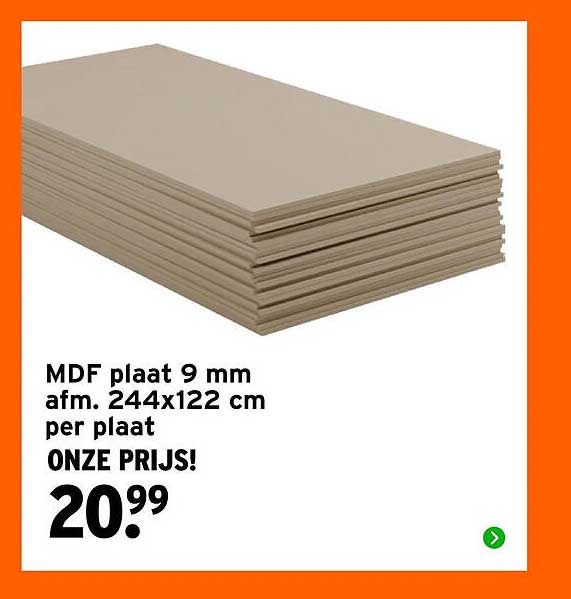 MDF plaat 9 mm afm. 244x122 cm per plaat ONZE PRIJS!