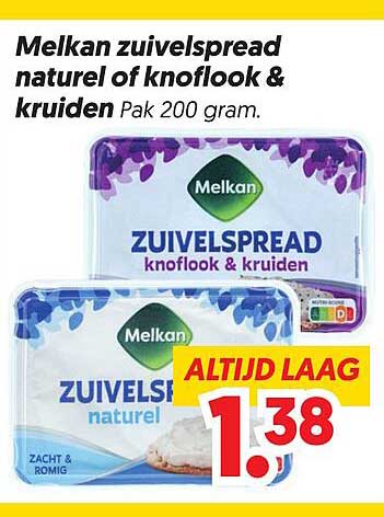 Melkan zuivelspread naturel of knoflook & kruiden Pak 200 gram. ALTlJD LAAG