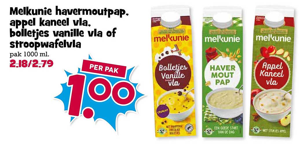 Melkunie havermoutpap, appel kaneel vla, bolletjes vanille vla of stroopwafelvla