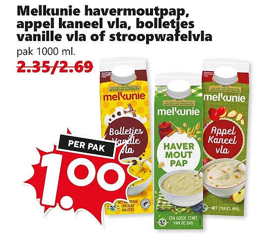 Melkunie havermoutpap, appel kaneel vla, bolletjes vanille vla of stroopwafvla per pak 1000 ml.