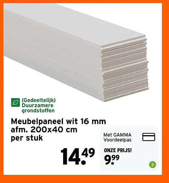 Meubelpaneel wit 16 mm afm. 200x40 cm per stuk