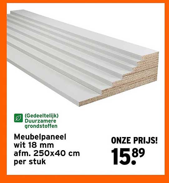 Meubelpaneel wit 18 mm afm. 250x40 cm per stuk