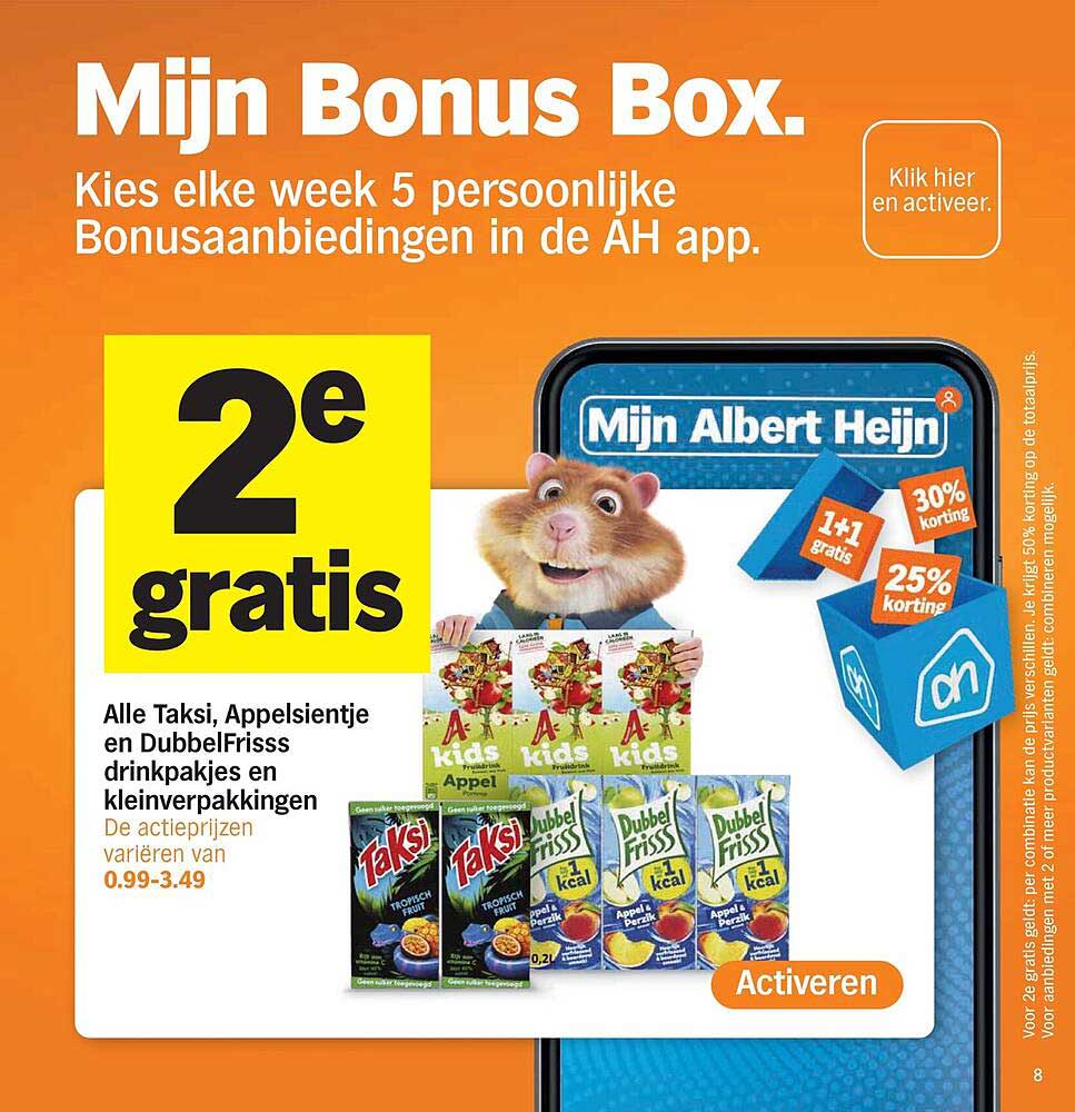 Mijn Bonus Box. Kies elke week 5 persoonlijke Bonusaanbiedingen in de AH app. 2e gratis