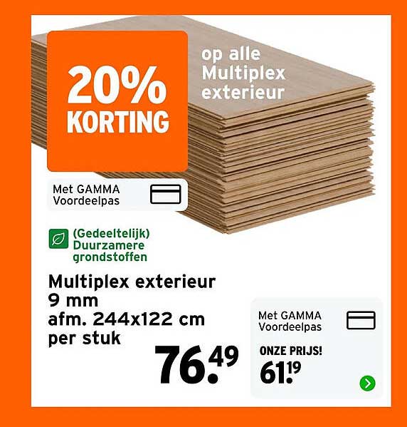 Multiplex exterieur 9 mm afm. 244x122 cm per stuk 20% korting op alle Multiplex exterieur