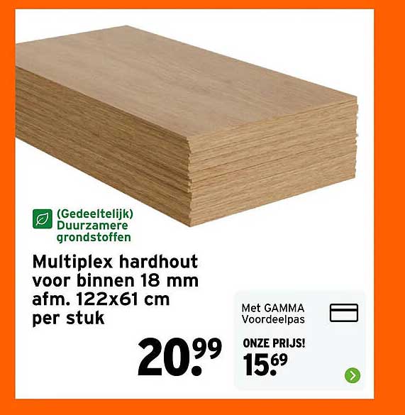 Multiplex hardhout voor binnen 18 mm afm. 122x61 cm per stuk