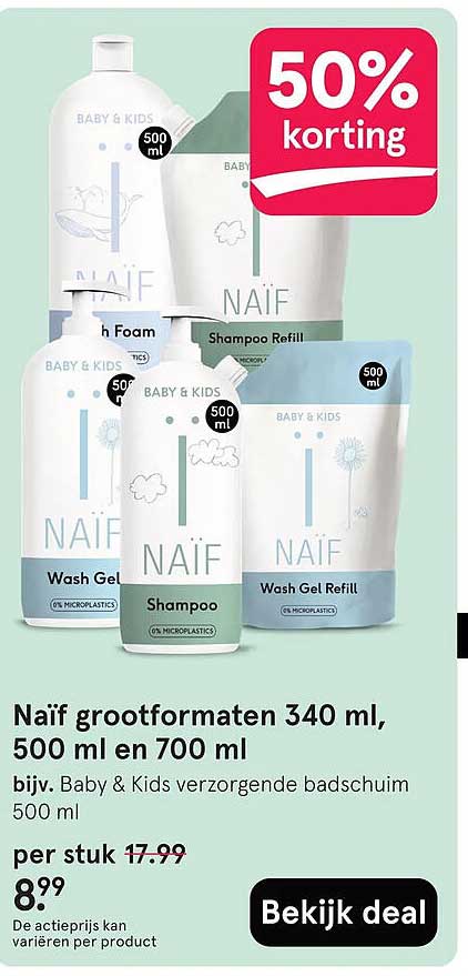 Naïf grootformaten 340 ml, 500 ml en 700 ml 50% korting