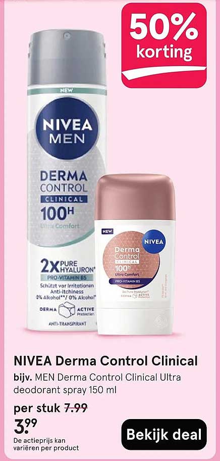 NIVEA Derma Control Clinical bijv. MEN Derma Control Clinical Ultra deodorant spray 150 ml 50% korting