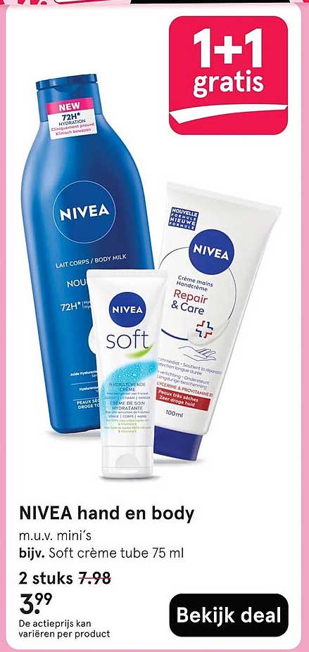 NIVEA hand en body m.u.v. mini's bijz. Soft crème tube 75 ml 2 stuks 1+1 gratis