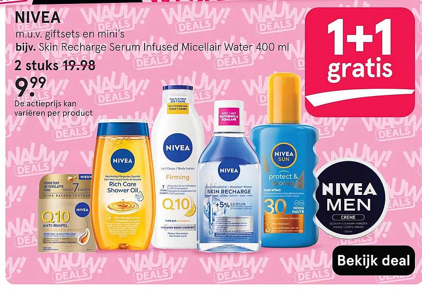 NIVEA m.u.v. giftsets en mini's bijv. Skin Recharge Serum Infused Micellair Water 400 ml 1+1 gratis