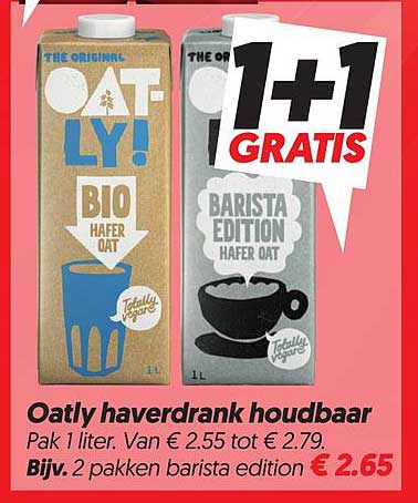 Oatly havredrank houdbaar 1+1 gratis
