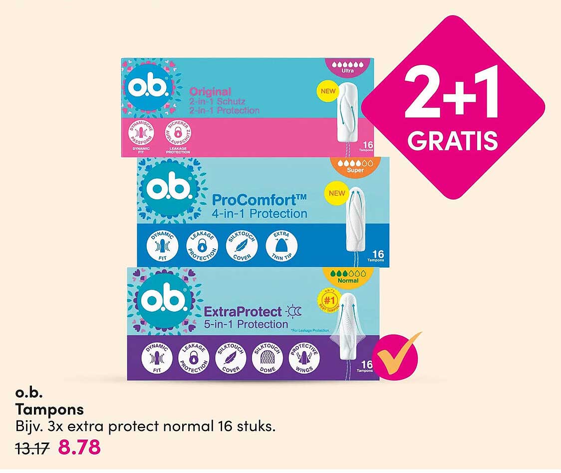 o.b. Tampons Bijv. 3x extra protect normal 16 stuks. 2+1 GRATIS