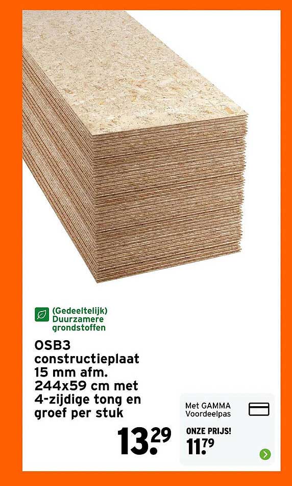 OSB3 constructieplaat 15 mm afm. 244x59 cm met 4-zijdige tong en groef per stuk