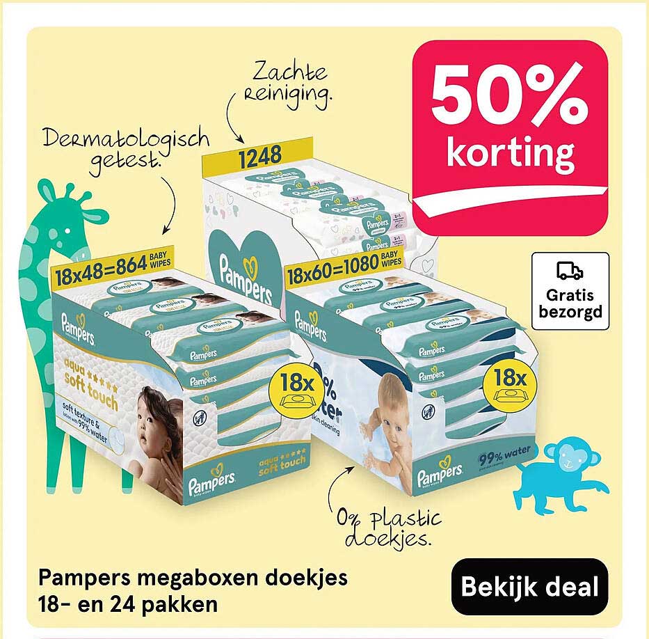 Pampers megaboxen doekjes 18- en 24 pakken 50% korting