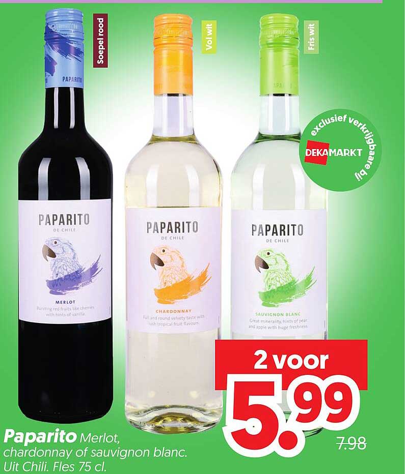 Paparito Merlot, chardonnay of sauvignon blanc Uit Chili. Fles 75 cl. 2 voor 5.99
