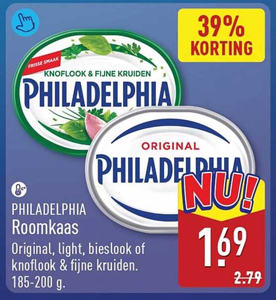 PHILADELPHIA Roomkaas Original, light, bieslook of knoflook & fijne kruiden. 185-200 g. 39% KORTING