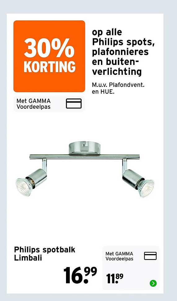 Philips spotbalk Limbali 30% korting op alle Philips spots, plafonnières en buitenverlichting