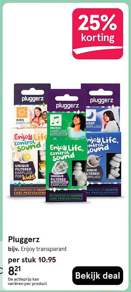 Pluggerz bijv. Enjoy transparant 25% korting