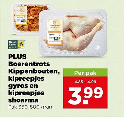 PLUS Boerentrots Kippenbouten, kipreepjes gyros en kipreepjes shoarma