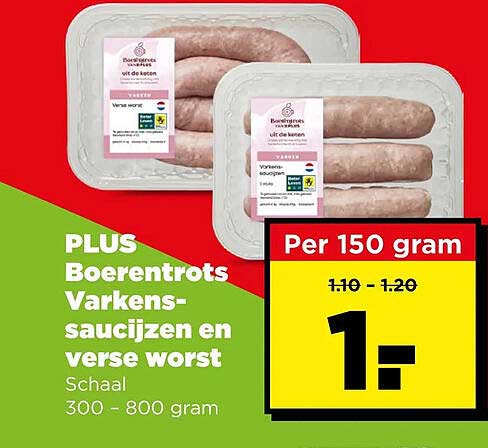 PLUS Boerentrots Varkens-saucijzen en verse worst Schaal 300 - 800 gram