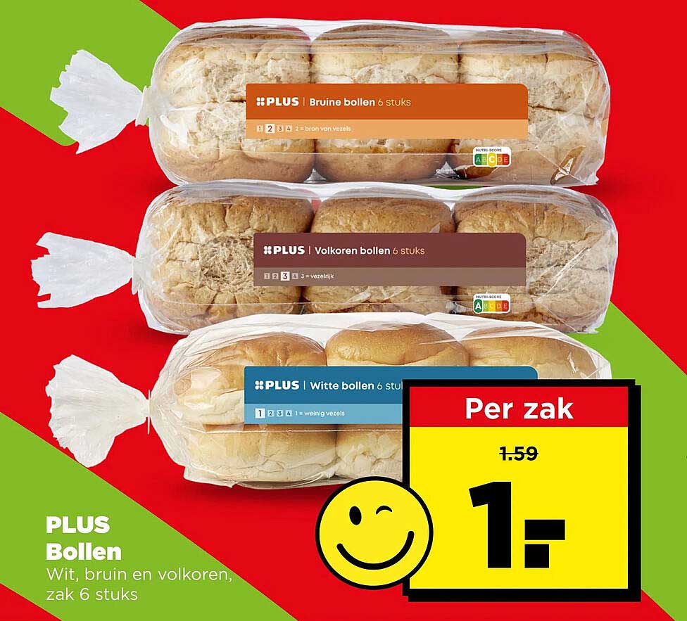 PLUS Bollen Wit, bruin en volkoren, zak 6 stuks