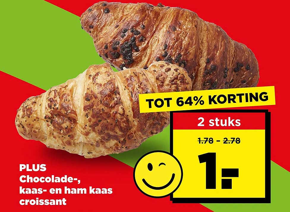 PLUS Chocolade-, kaas- en ham kaas croissant TOT 64% KORTING