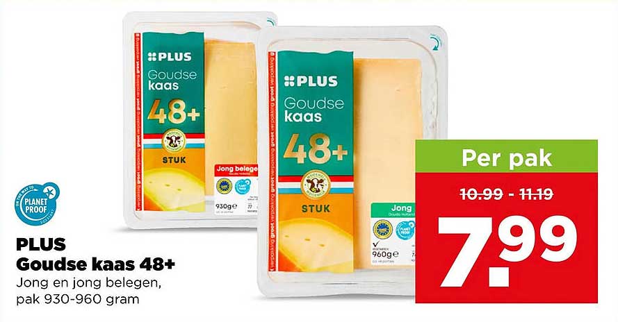PLUS Goudse kaas 48+ Jong en jong belegen, pak 930-960 gram