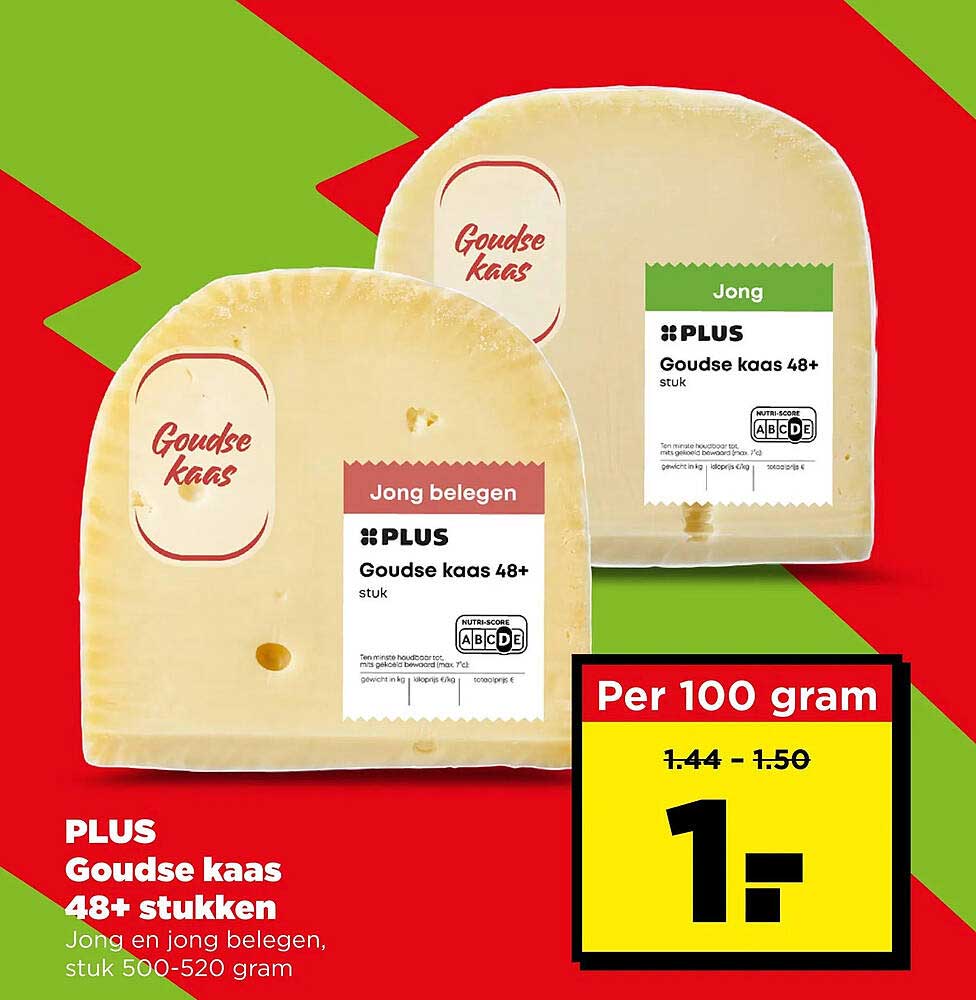 PLUS Goudse kaas 48+ stukken Jong en jong belegen, stuk 500-520 gram
