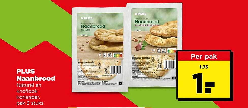 PLUS Naanbrood Naturel en knoflook koriander, pak 2 stuks