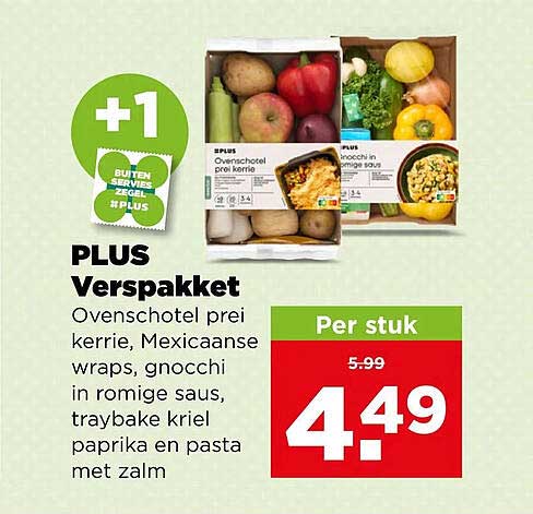 PLUS Verspakket Ovenschotel prei kerrie, Mexicaanse wraps, gnocchi in romige saus, traybake kriel paprika en pasta met zalm +1