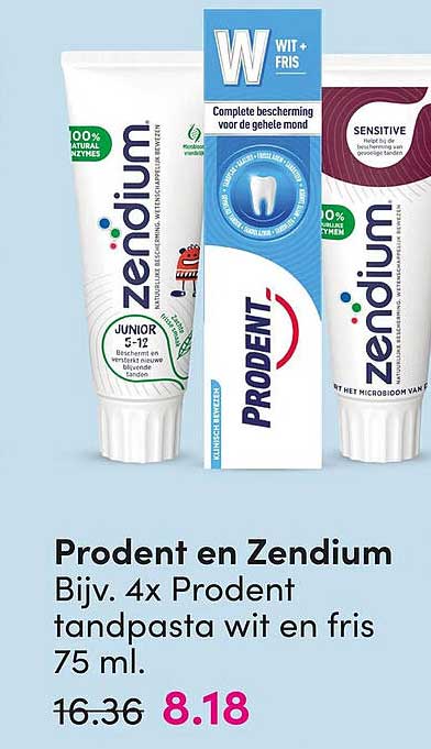 Prodent en Zendium Bijv. 4x Prodent tandpasta wit en fris 75 ml.