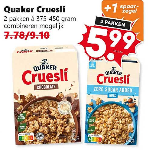 Quaker Cruesli 2 pakken à 375-450 gram combineren mogelijk +1 spaarzegel 2 pakken