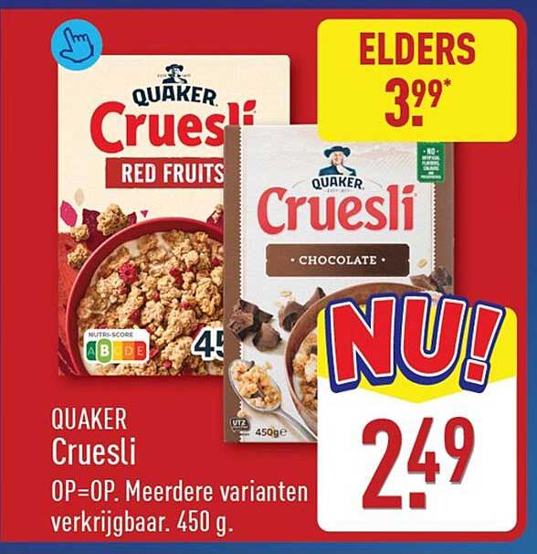 QUAKER Cruesli OP=OP Meerdere varianten verkrijgbaar. 450 g.