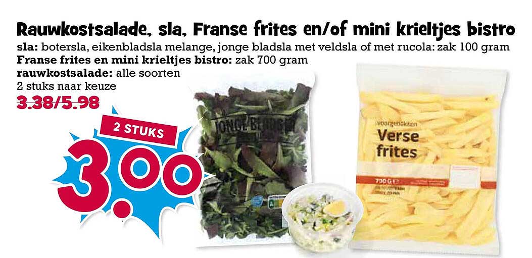 Rauwkostsalade, sla, Franse frites en/of mini krieltjes bistro