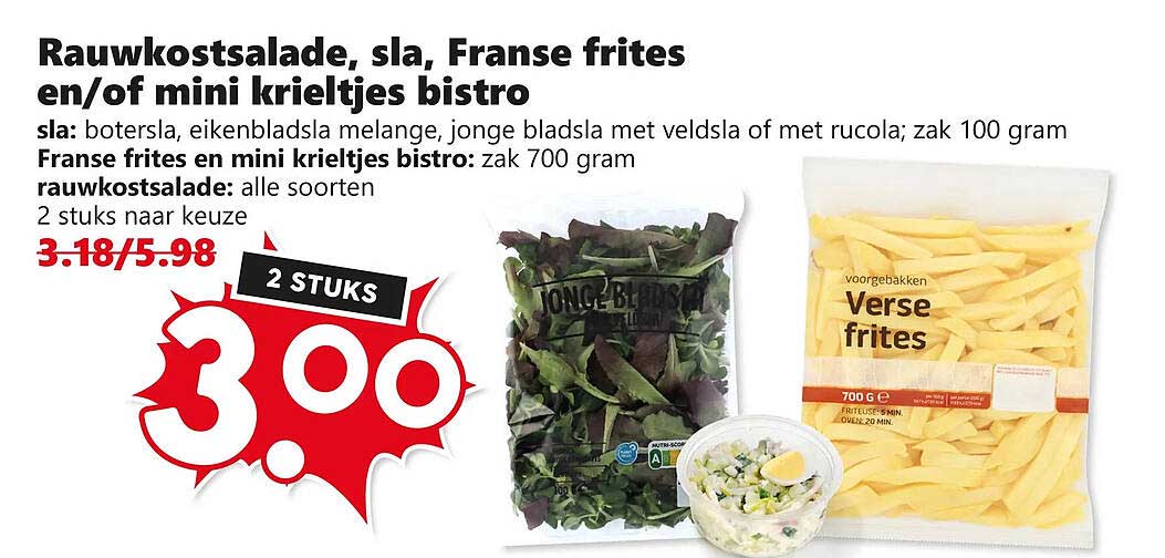 Rauwkostsalade, sla, Franse frites en/of mini krieltjes bistro