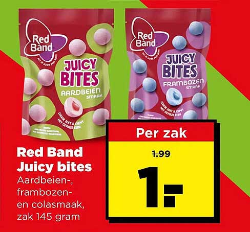 Red Band Juicy bites Aardbeien-, frambozen- en colasmaak, zak 145 gram