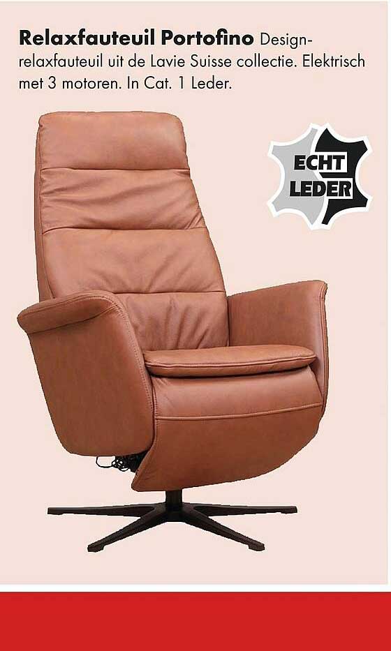 Relaxfauteuil Portofino Design-relaxfauteuil uit de Lavie Suisse collectie. Elektrisch met 3 motoren. In Cat. 1 Leder.