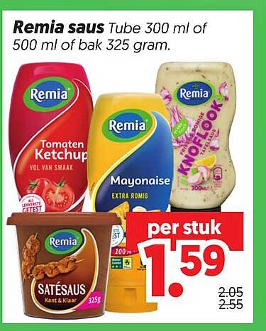 Remia saus Tube 300 ml of 500 ml of bak 325 gram.