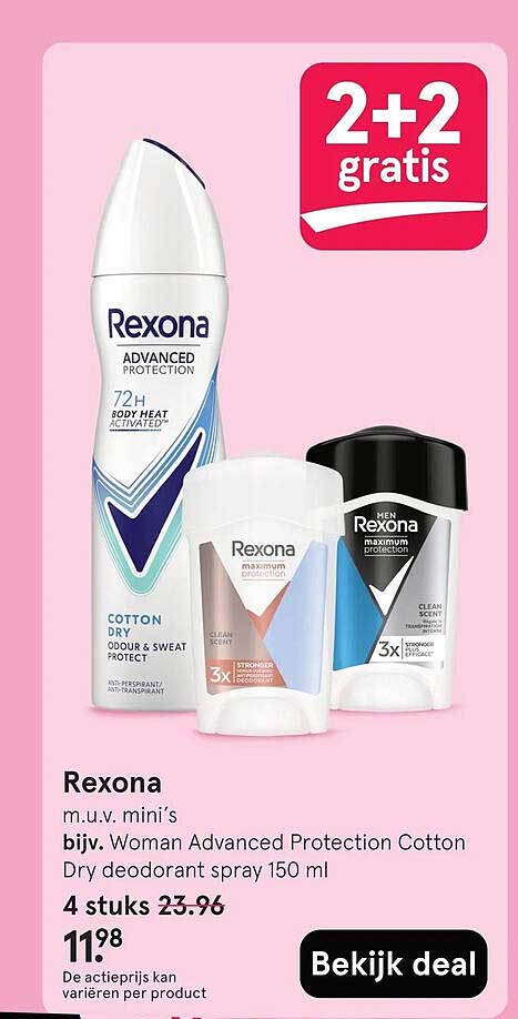 Rexona m.u.v. mini's bijv. Woman Advanced Protection Cotton Dry deodorant spray 150 ml 2+2 gratis