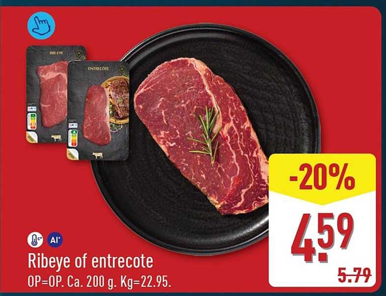 Ribeye of entrecote OP-OP. Ca. 200 g. Kg=22.95. -20%