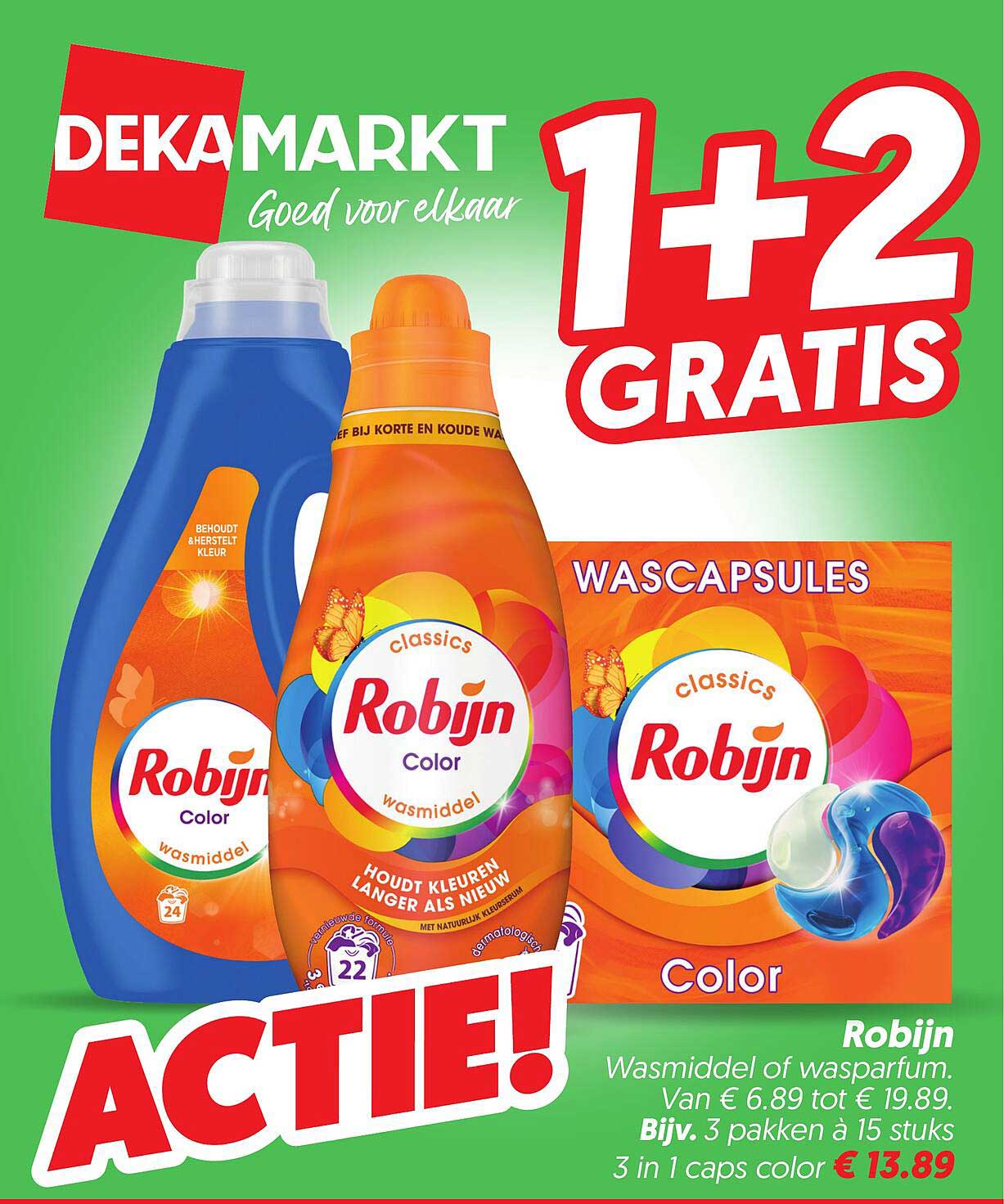 Robijn Wasmiddel of wasparfum. Van € 6.89 tot € 19.89. Bijv. 3 pakken à 15 stuks 3 in 1 caps color 1+2 gratis