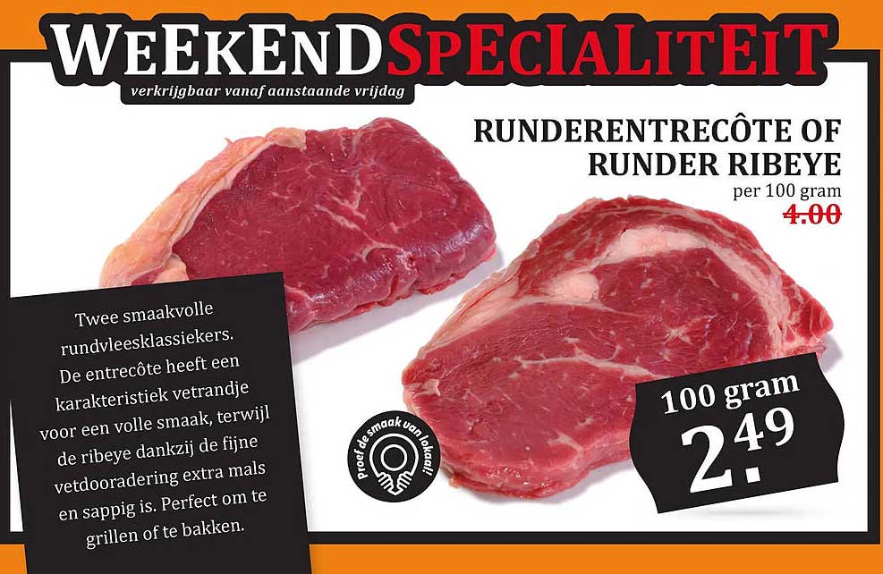 Runderentrecôte of runder ribeye per 100 gram