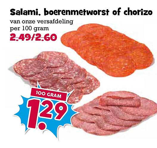 Salami, boerenmetworst of chorizo van onze versafdeling per 100 gram